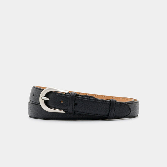 Black Grained Leather Belt with Silver - Tone Buckle – 3 cm