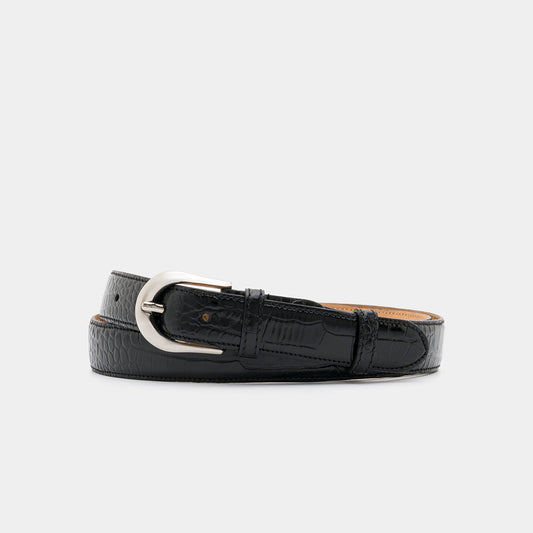 Black Crocodile-Embossed Leather Belt with Silver - Tone Buckle – 3 cm
