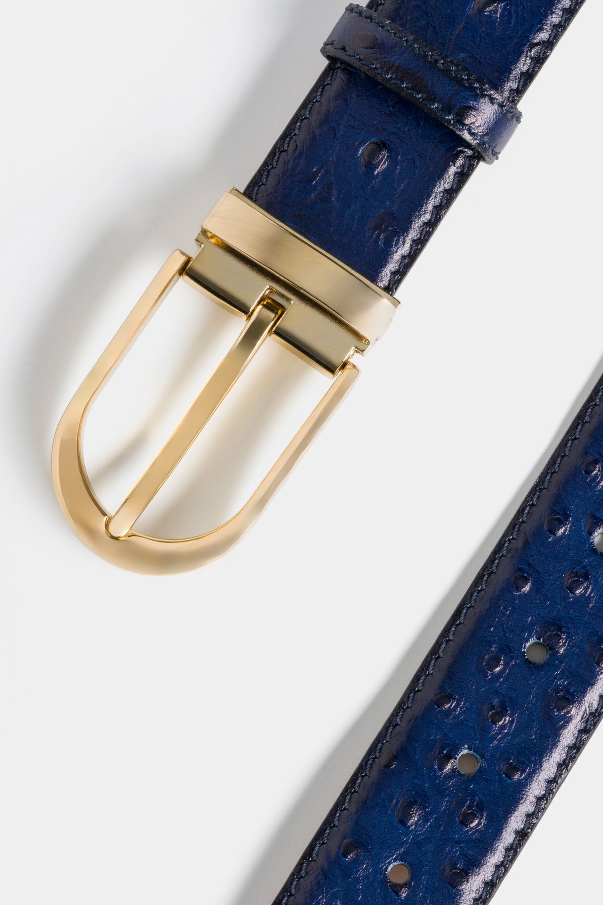Navy Ostrich-Embossed Leather Belt with Gold-Tone Buckle - 3.5 cm