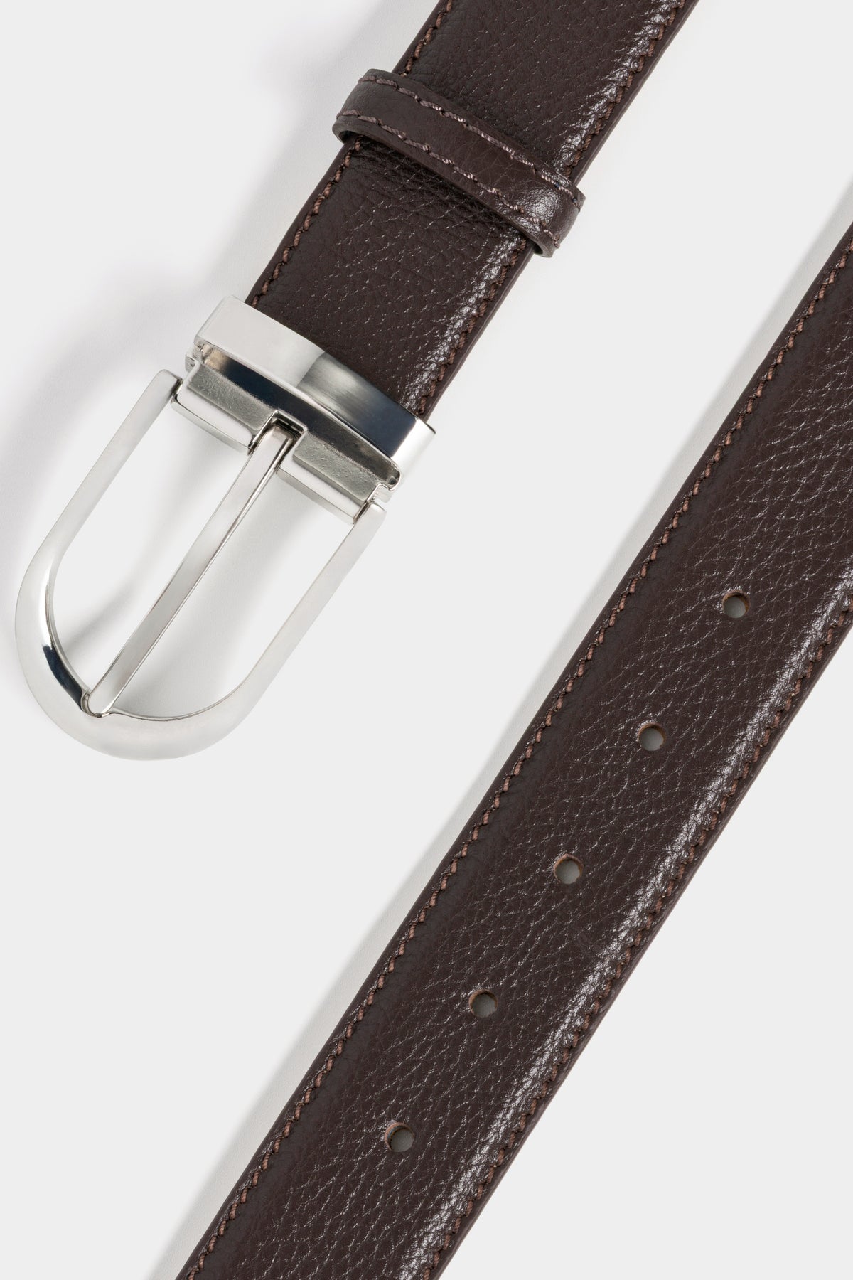 Dark Brown Textured Leather Belt – Silver Tone Buckle, 3.5 cm