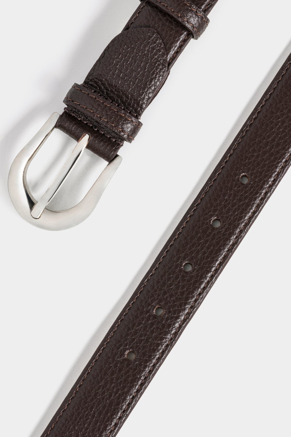 Dark Brown Textured Leather Belt – Silver-Tone Buckle, 3 cm