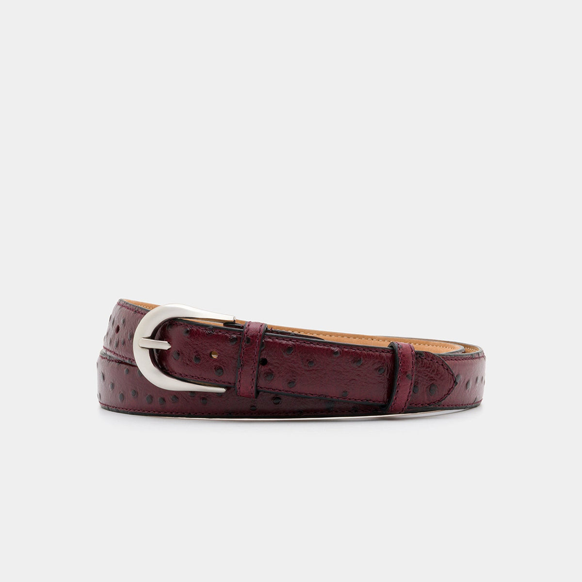 Burgundy Ostrich-Embossed Leather Belt with Silver - Tone Buckle – 3 cm