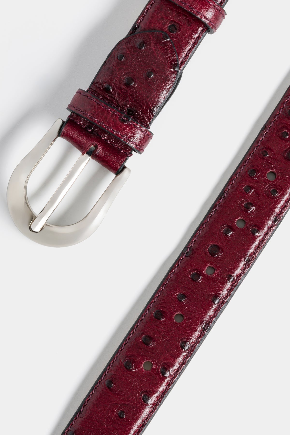 Burgundy Ostrich-Embossed Leather Belt with Silver - Tone Buckle – 3 cm