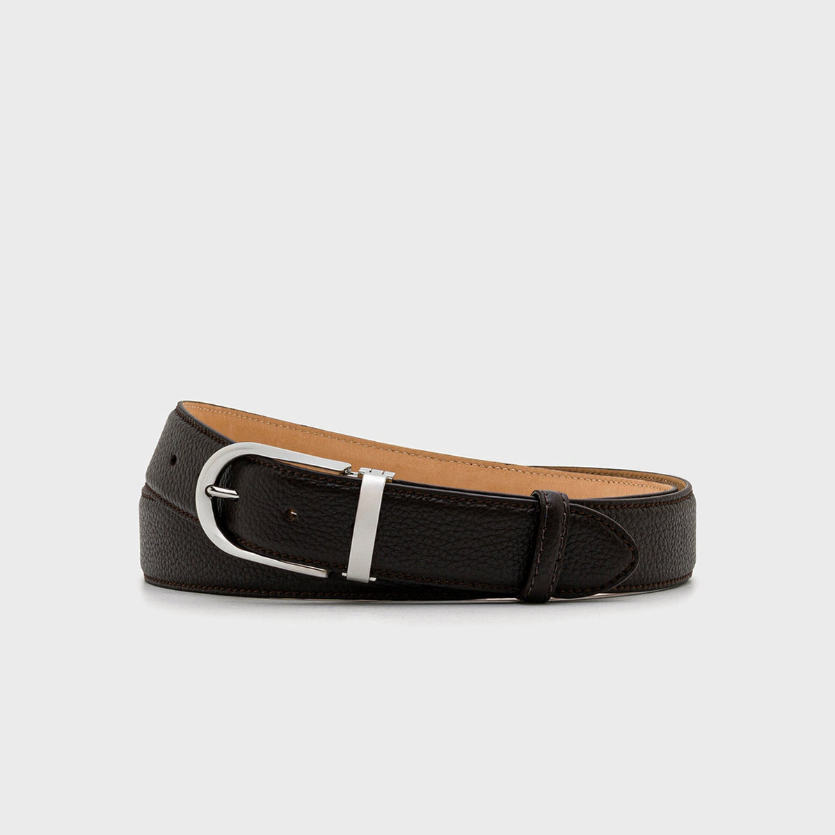 Dark Brown Textured Leather Belt – Silver Tone Buckle, 3.5 cm