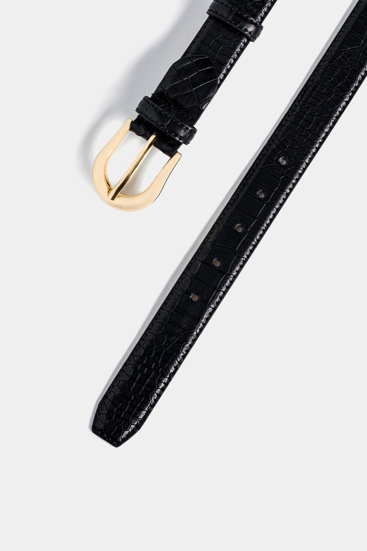 Black Crocodile-Embossed Leather Belt – Gold-Tone Buckle, 3 cm