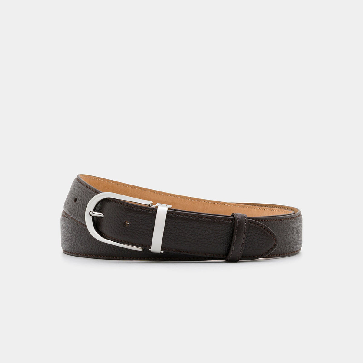 Dark Brown Grained Leather Belt with Silver - Tone Buckle – 3.5 cm
