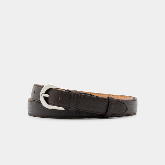 Dark Brown Grained Leather Belt with Silver - Tone Buckle – 3 cm