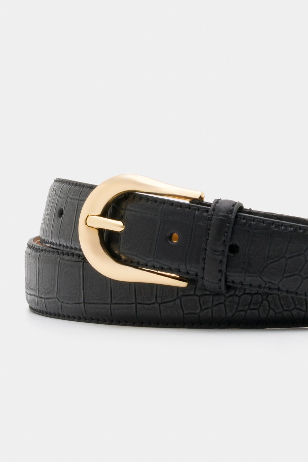 Black Croc-Embossed Leather Belt with Gold-Tone Buckle - 3 cm