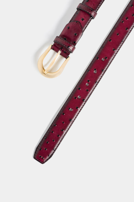 Burgundy Ostrich-Embossed Leather Belt with Gold-Tone Buckle - 3 cm