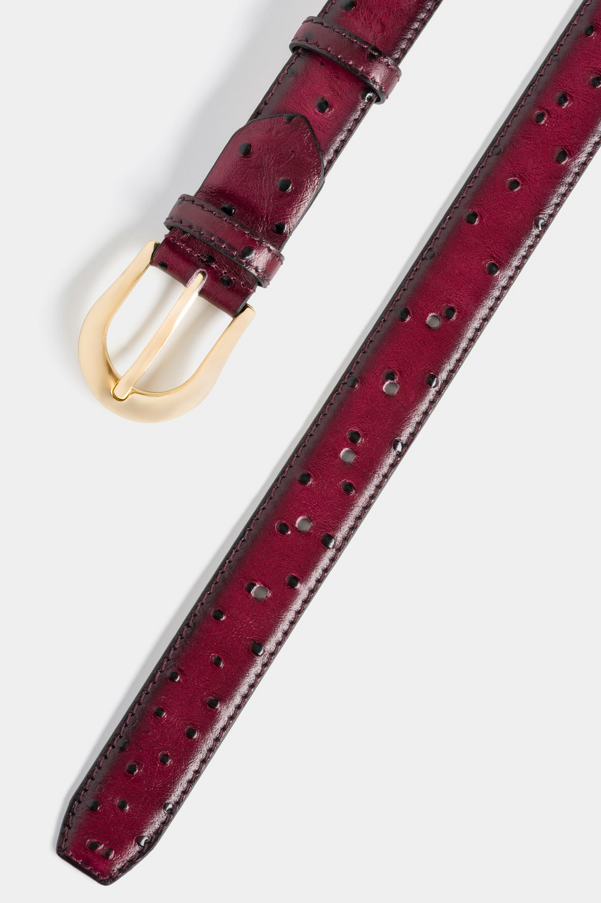 Burgundy Ostrich-Embossed Leather Belt with Gold-Tone Buckle - 3 cm