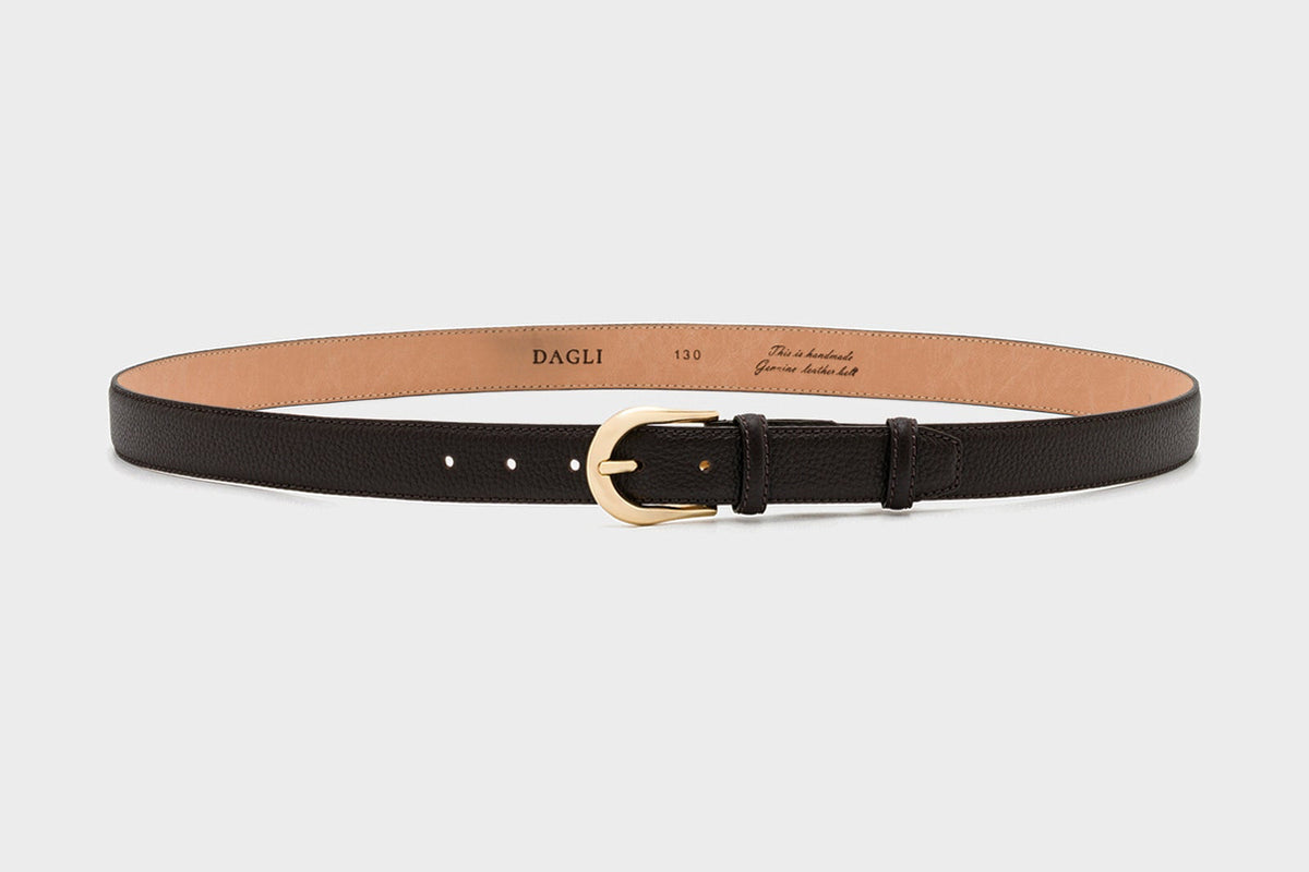 Dark Brown Textured Leather Belt – Gold Tone Buckle, 3 cm