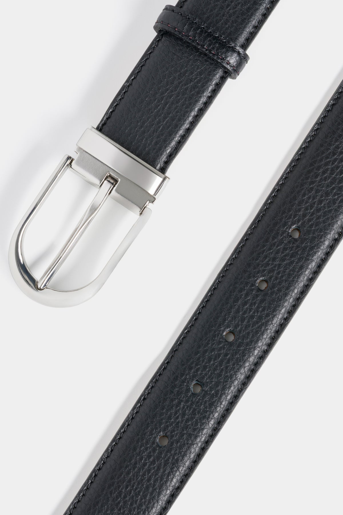 Black Grained Leather Belt with Silver-Tone Buckle - 3.5 cm