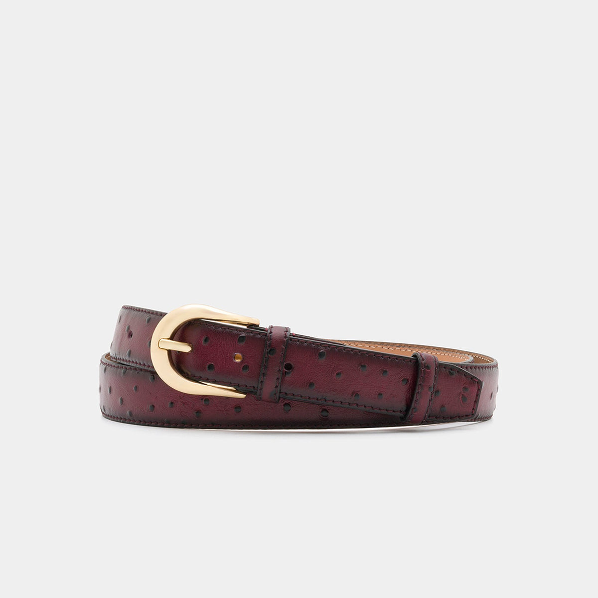 Burgundy Ostrich-Embossed Leather Belt with Gold-Tone Buckle - 3 cm