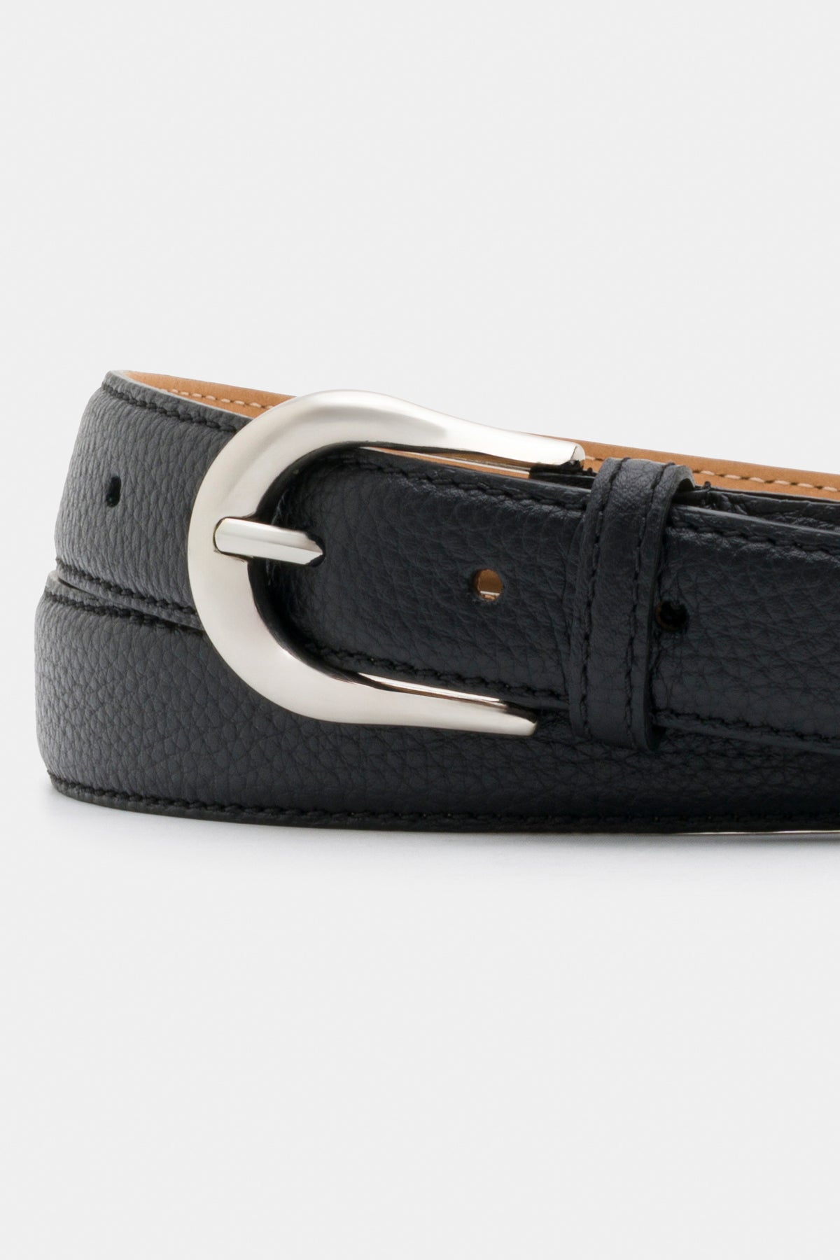 Black Grained Leather Belt with Silver - Tone Buckle – 3 cm
