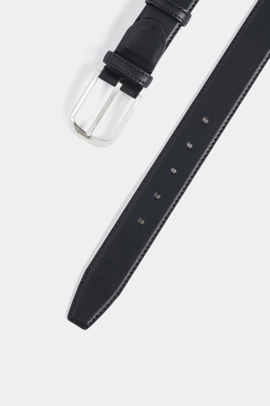 Black Smooth Leather Belt with Silver-Tone Buckle - 3.5 cm