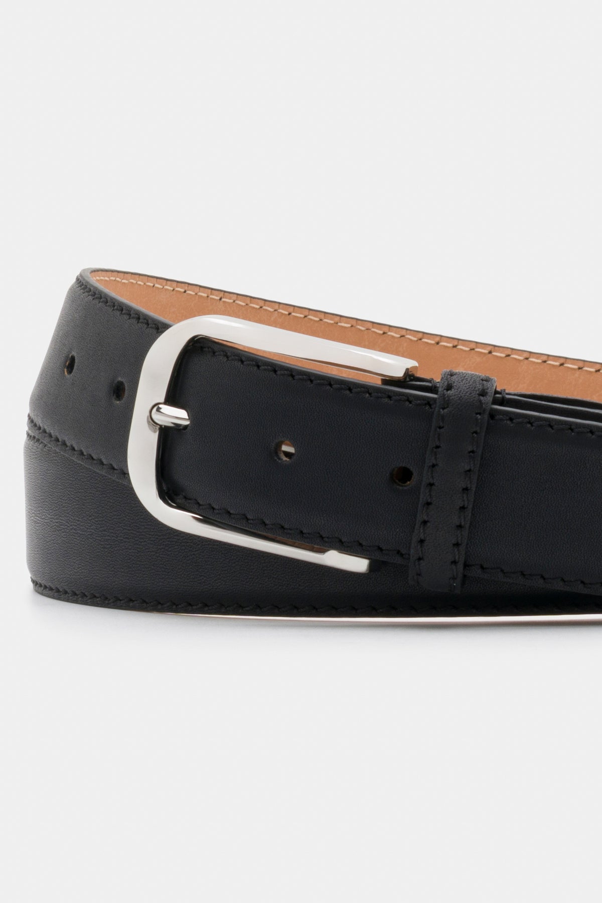 Black Smooth Leather Belt with Silver-Tone Buckle - 3.5 cm