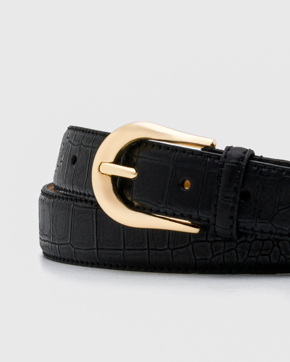 Black Crocodile-Embossed Leather Belt – Gold-Tone Buckle, 3 cm