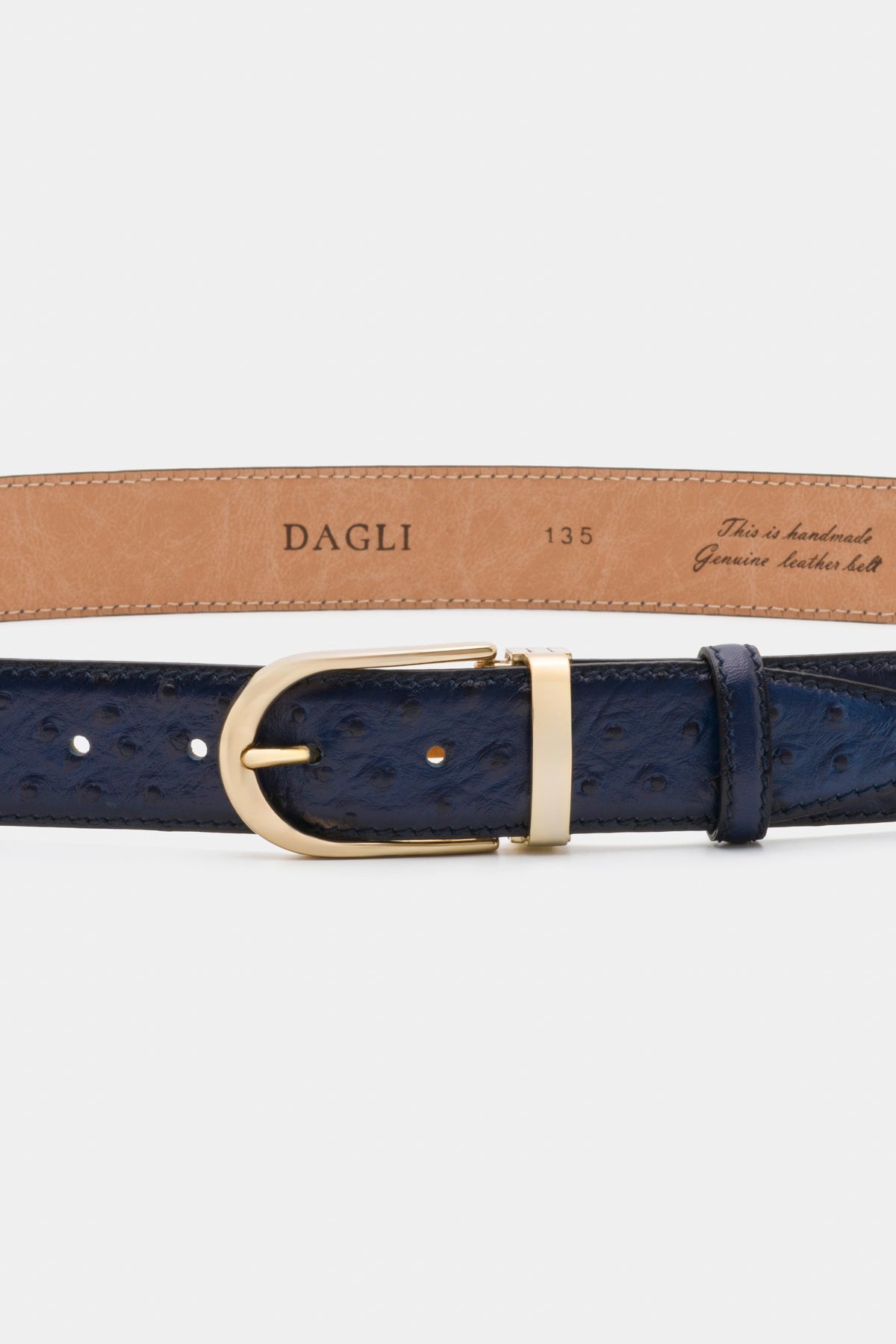Navy Ostrich-Embossed Leather Belt with Gold-Tone Buckle - 3.5 cm