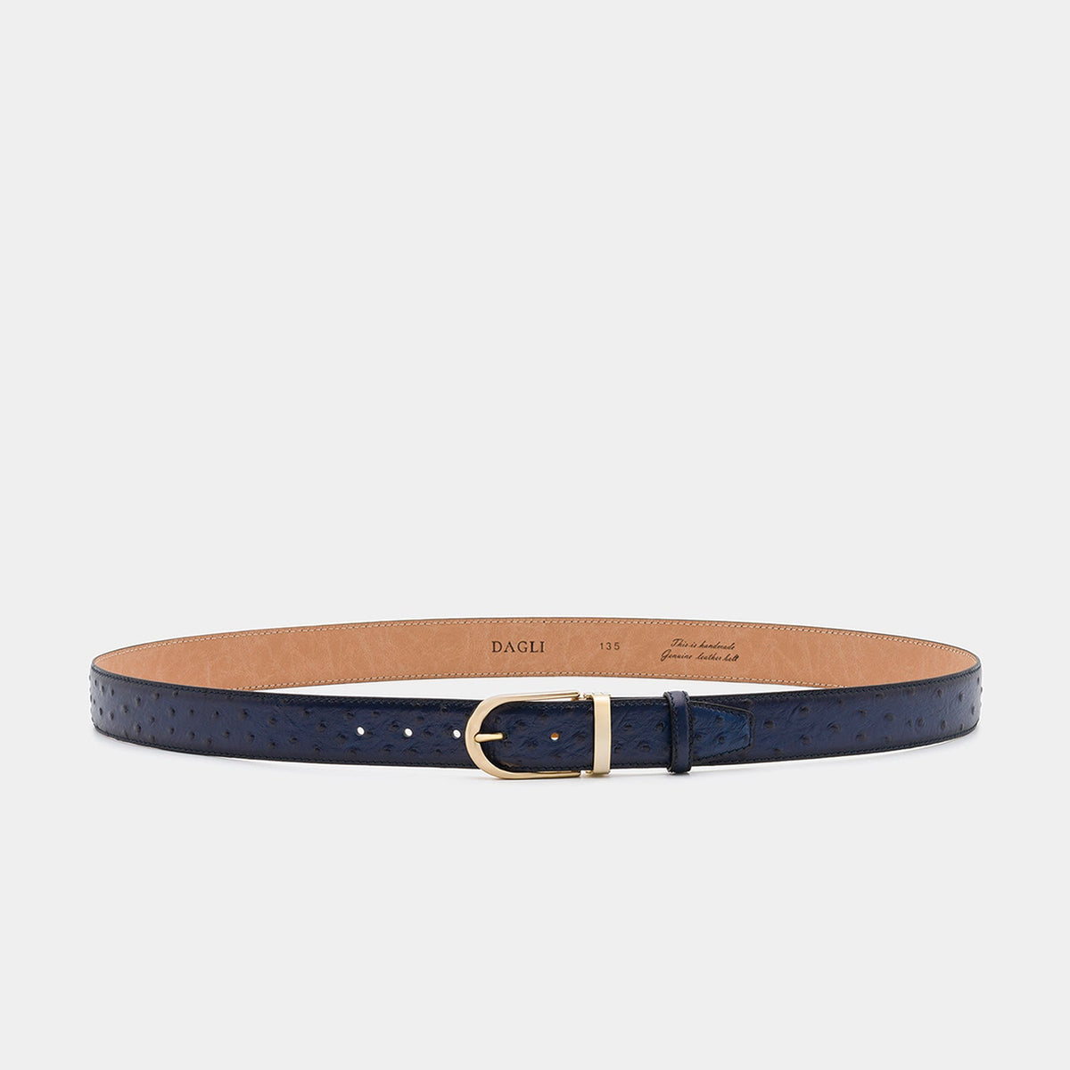 Navy Ostrich-Embossed Leather Belt with Gold-Tone Buckle - 3.5 cm