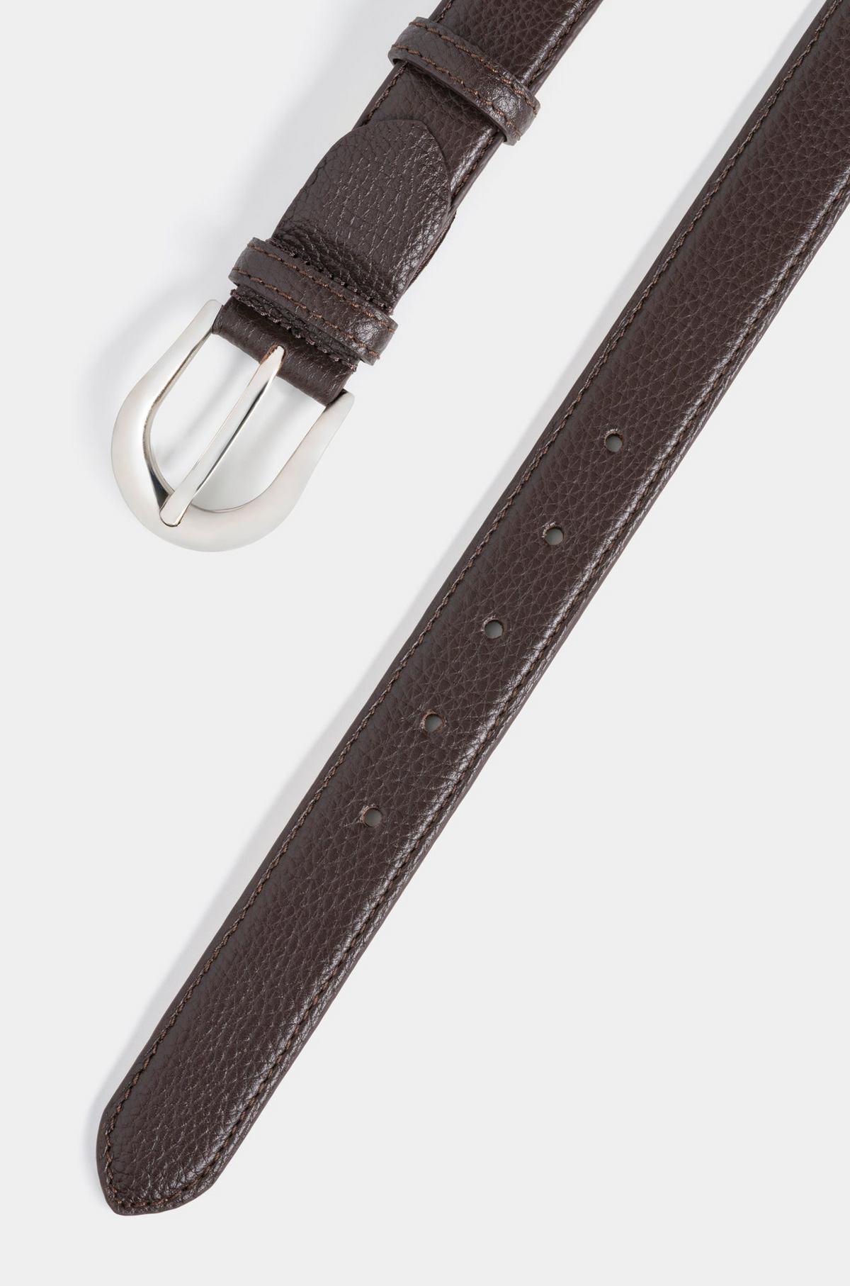 Dark Brown Grained Leather Belt with Silver - Tone Buckle – 3 cm