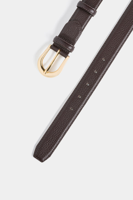 Dark Brown Grained Leather Belt with Gold - Tone Buckle – 3 cm