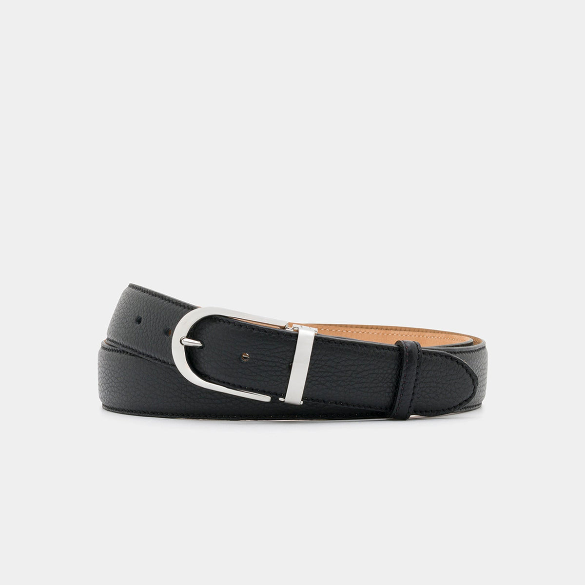 Black Grained Leather Belt with Silver-Tone Buckle - 3.5 cm