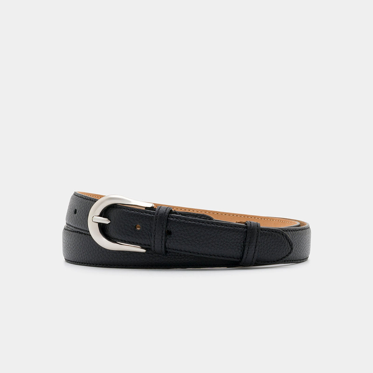 Black Grained Leather Belt with Silver - Tone Buckle – 3 cm