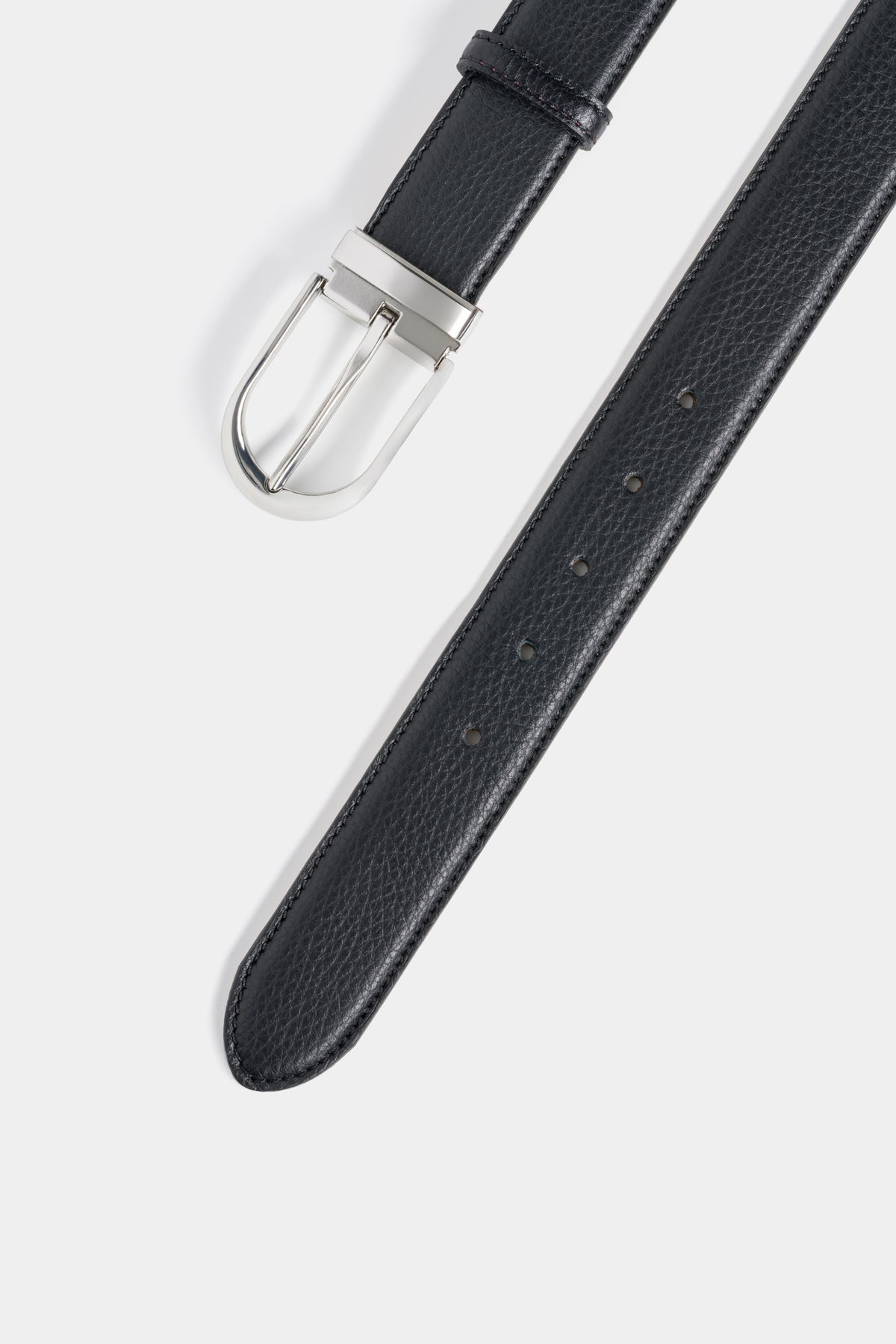 Black Grained Leather Belt with Silver-Tone Buckle - 3.5 cm