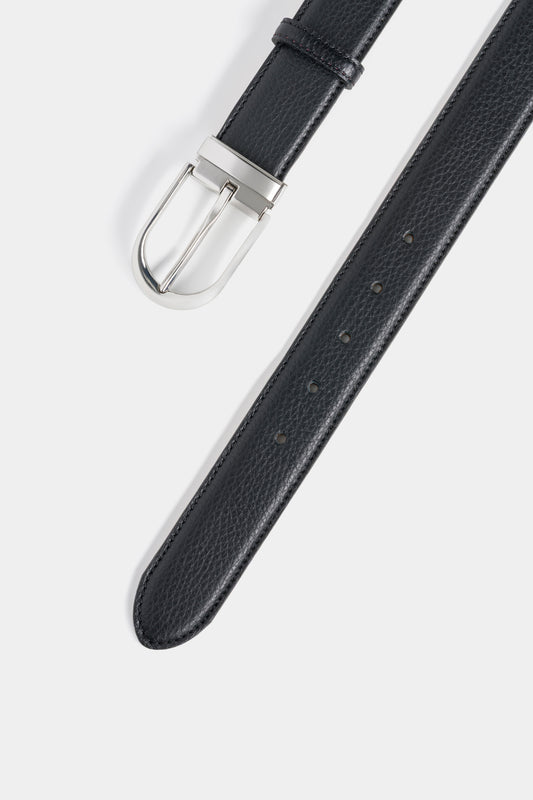 Black Grained Leather Belt with Silver-Tone Buckle - 3.5 cm