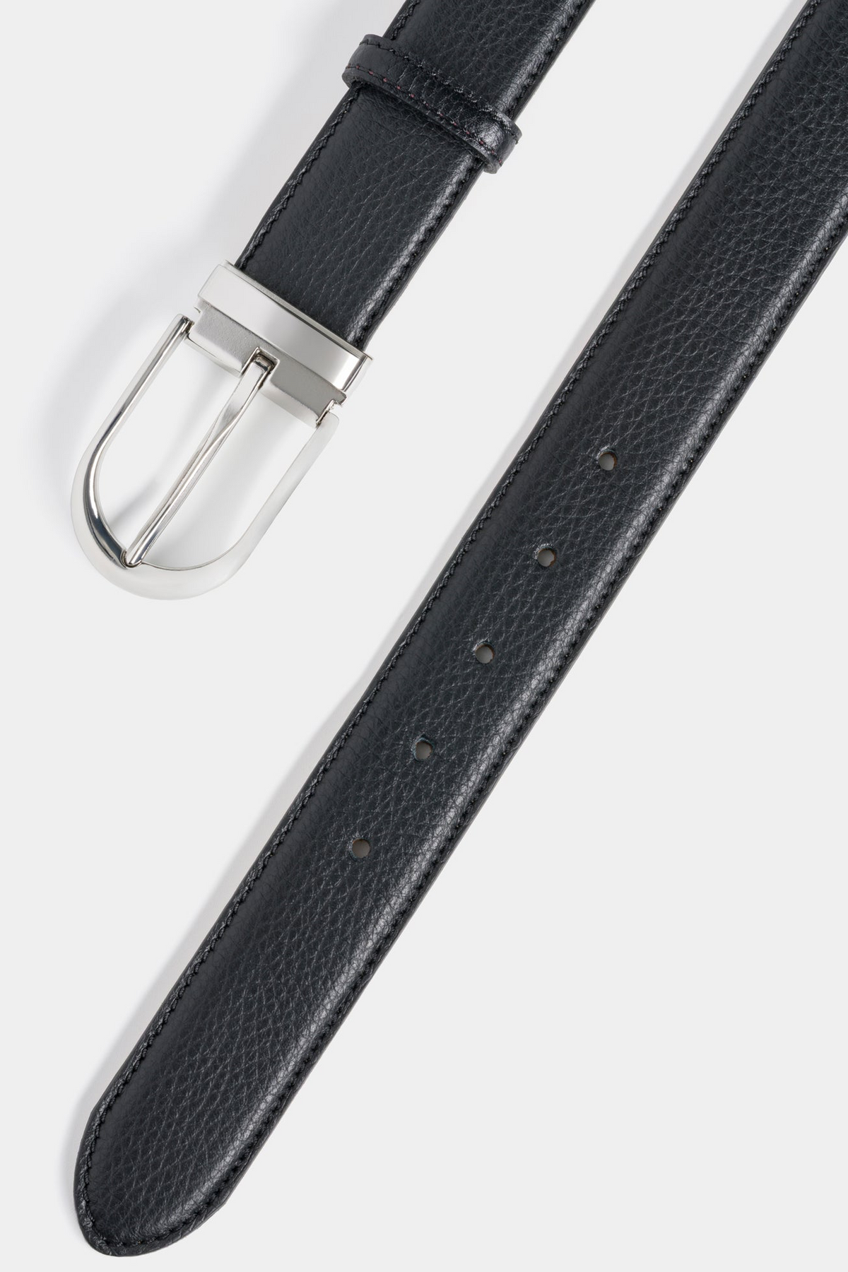 Black Grained Leather Belt with Silver-Tone Buckle - 3.5 cm