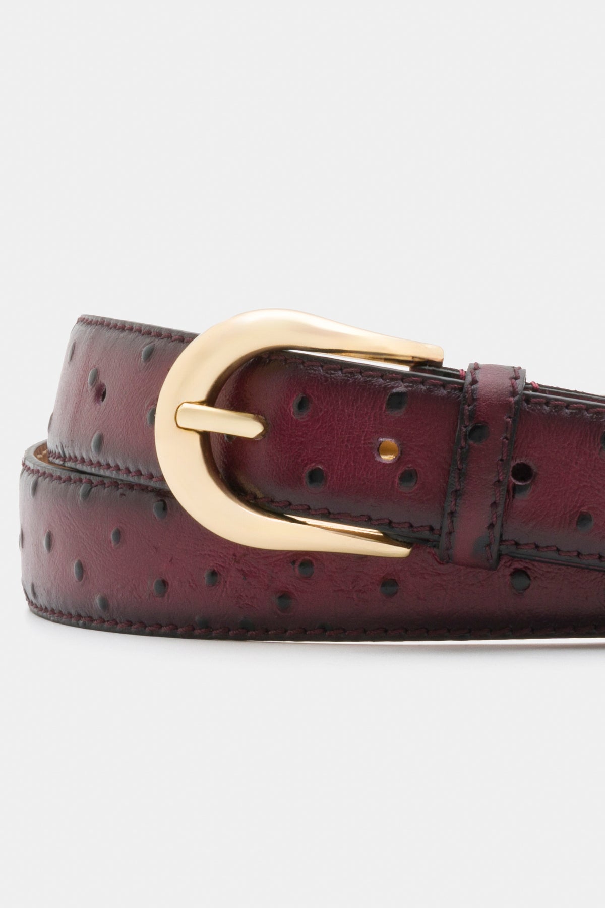 Burgundy Ostrich-Embossed Leather Belt with Gold-Tone Buckle - 3 cm