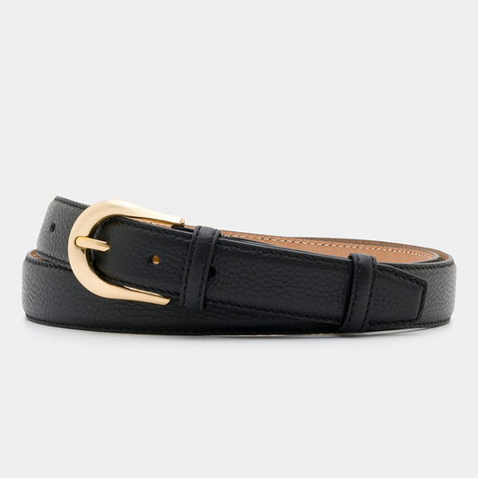 Black Grained Leather Belt with Gold - Tone Buckle – 3 cm