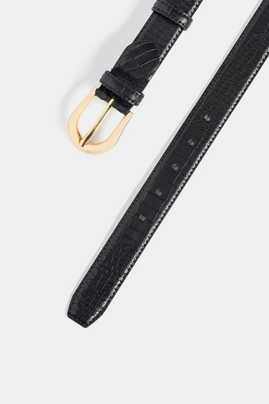 Black Croc-Embossed Leather Belt with Gold-Tone Buckle - 3 cm
