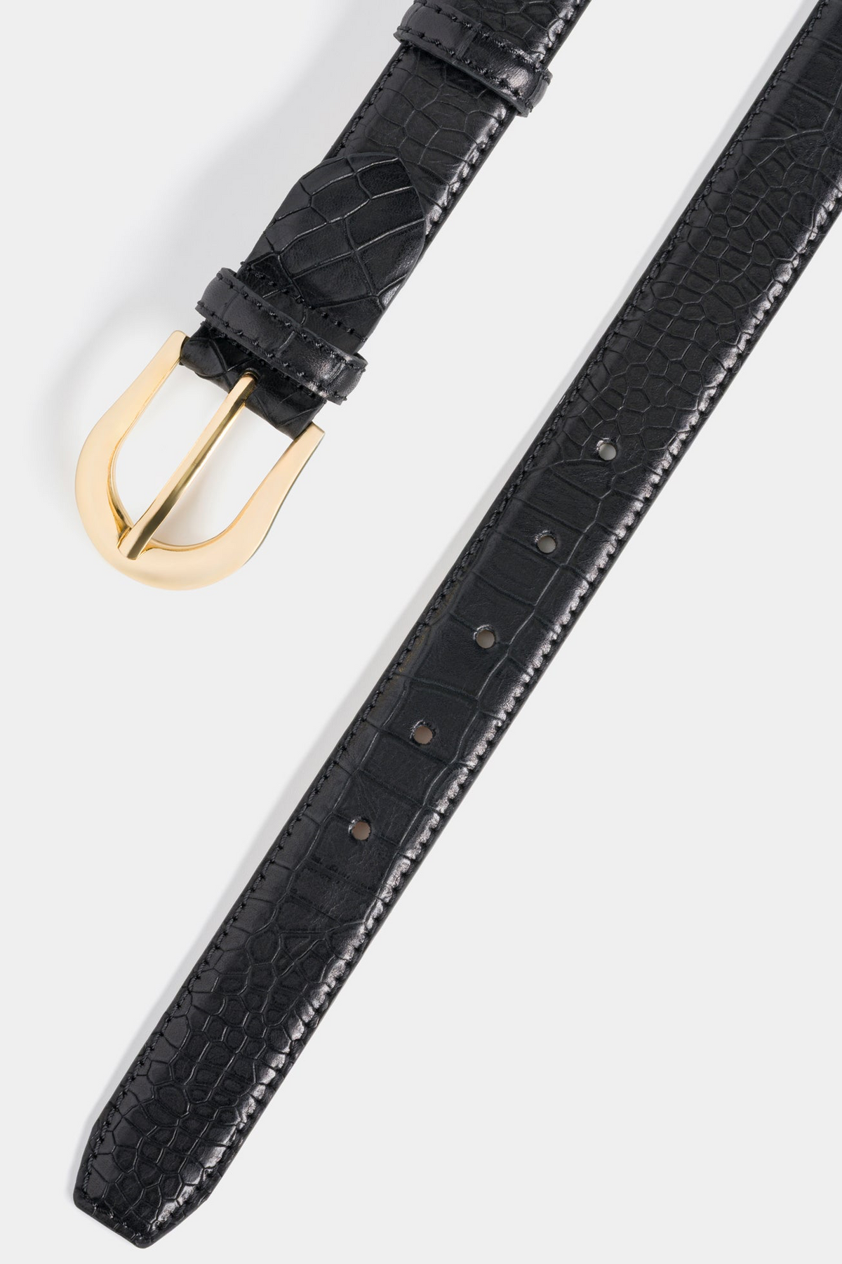 Black Croc-Embossed Leather Belt with Gold-Tone Buckle - 3 cm