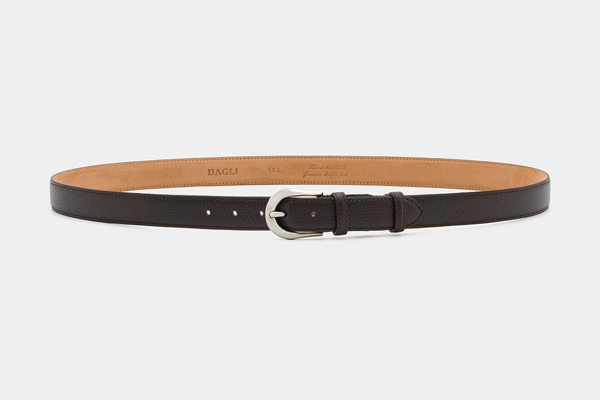 Dark Brown Textured Leather Belt – Silver-Tone Buckle, 3 cm