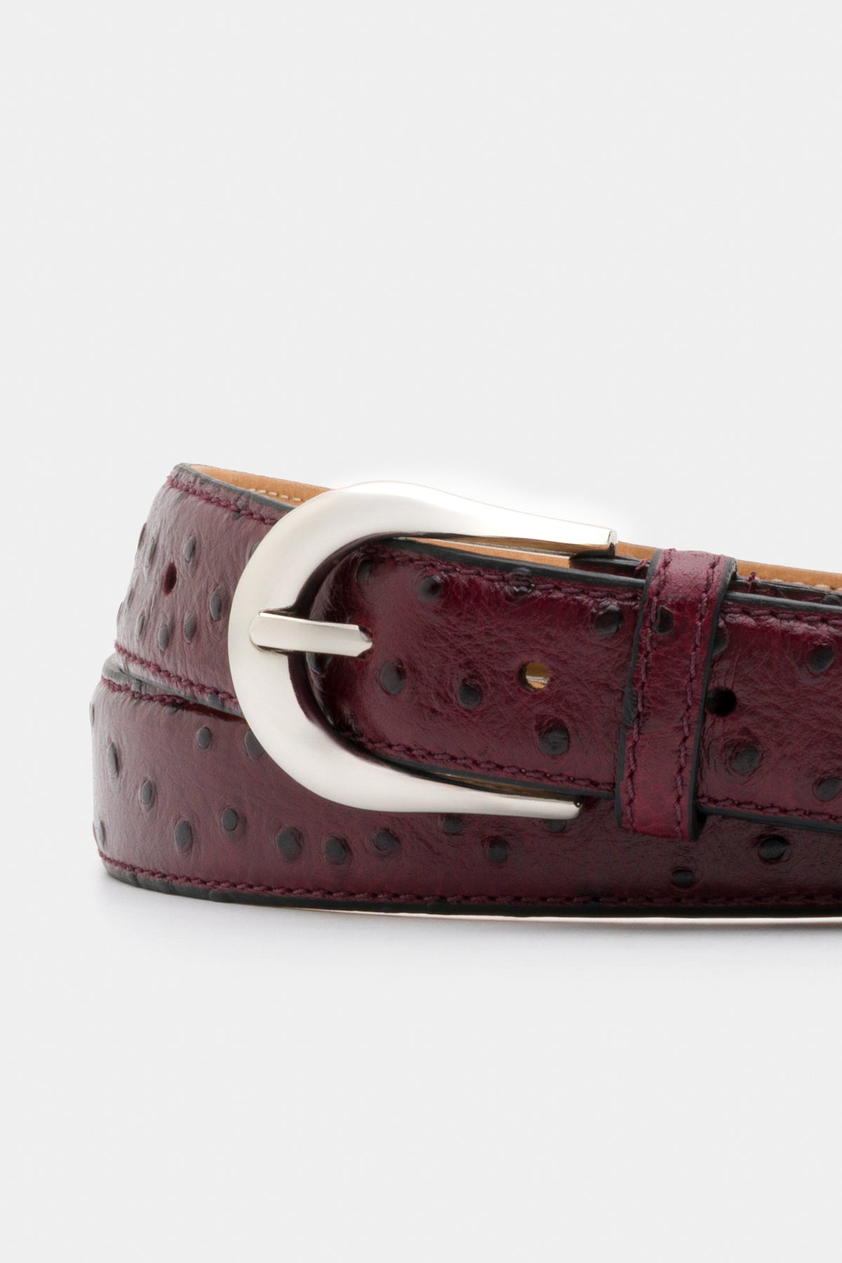 Burgundy Ostrich-Embossed Leather Belt with Silver - Tone Buckle – 3 cm