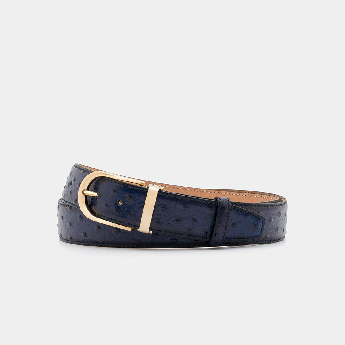 Navy Ostrich-Embossed Leather Belt with Gold-Tone Buckle - 3.5 cm