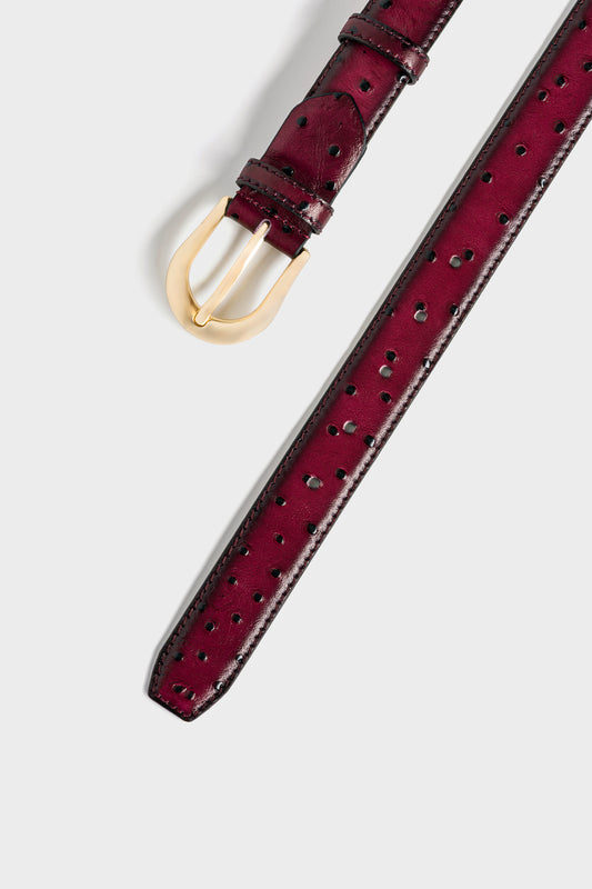 Burgundy Ostrich-Look Leather Belt – Gold-Tone Buckle, 3 cm