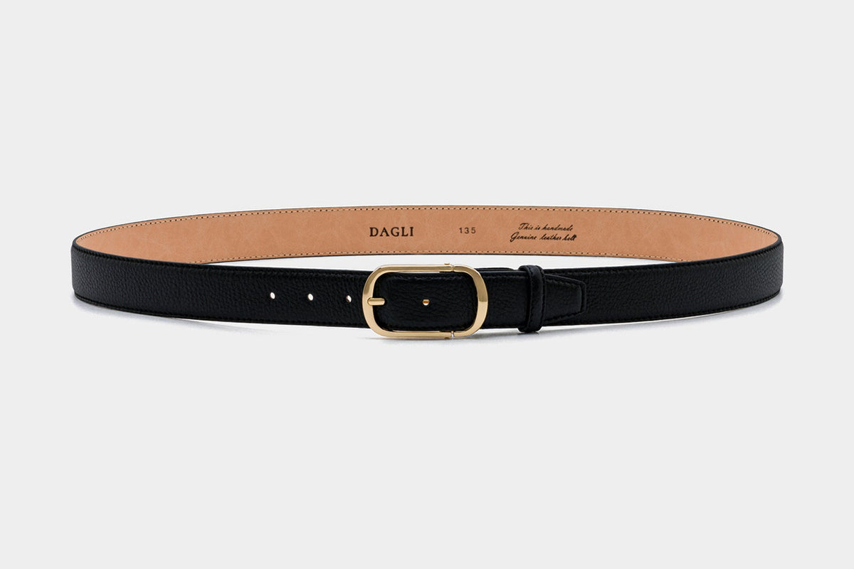 Black Textured Leather Belt – Gold Tone Buckle, 3.5 cm