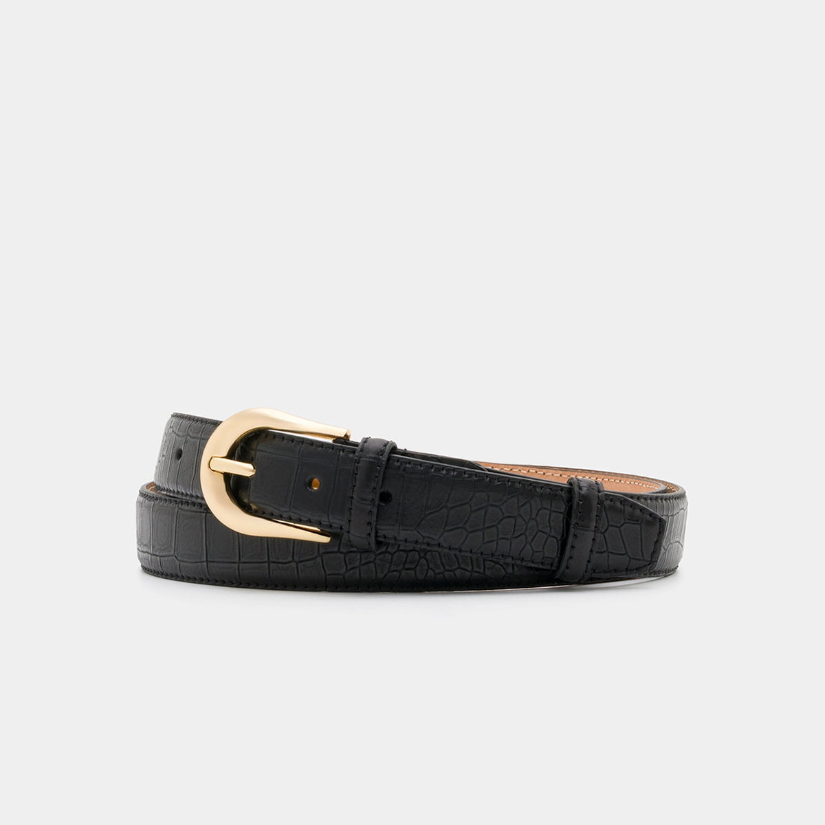 Black Croc-Embossed Leather Belt with Gold-Tone Buckle - 3 cm