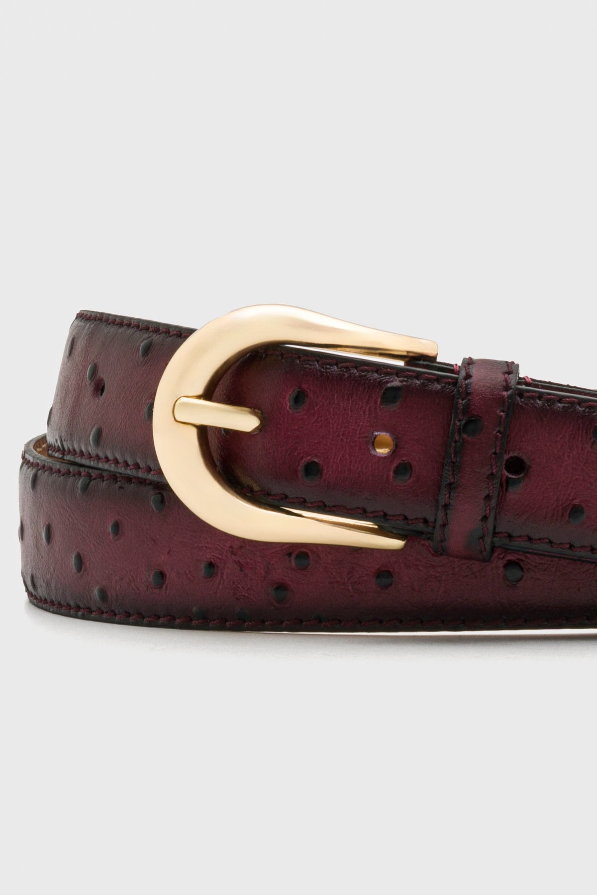 Burgundy Ostrich-Look Leather Belt – Gold-Tone Buckle, 3 cm