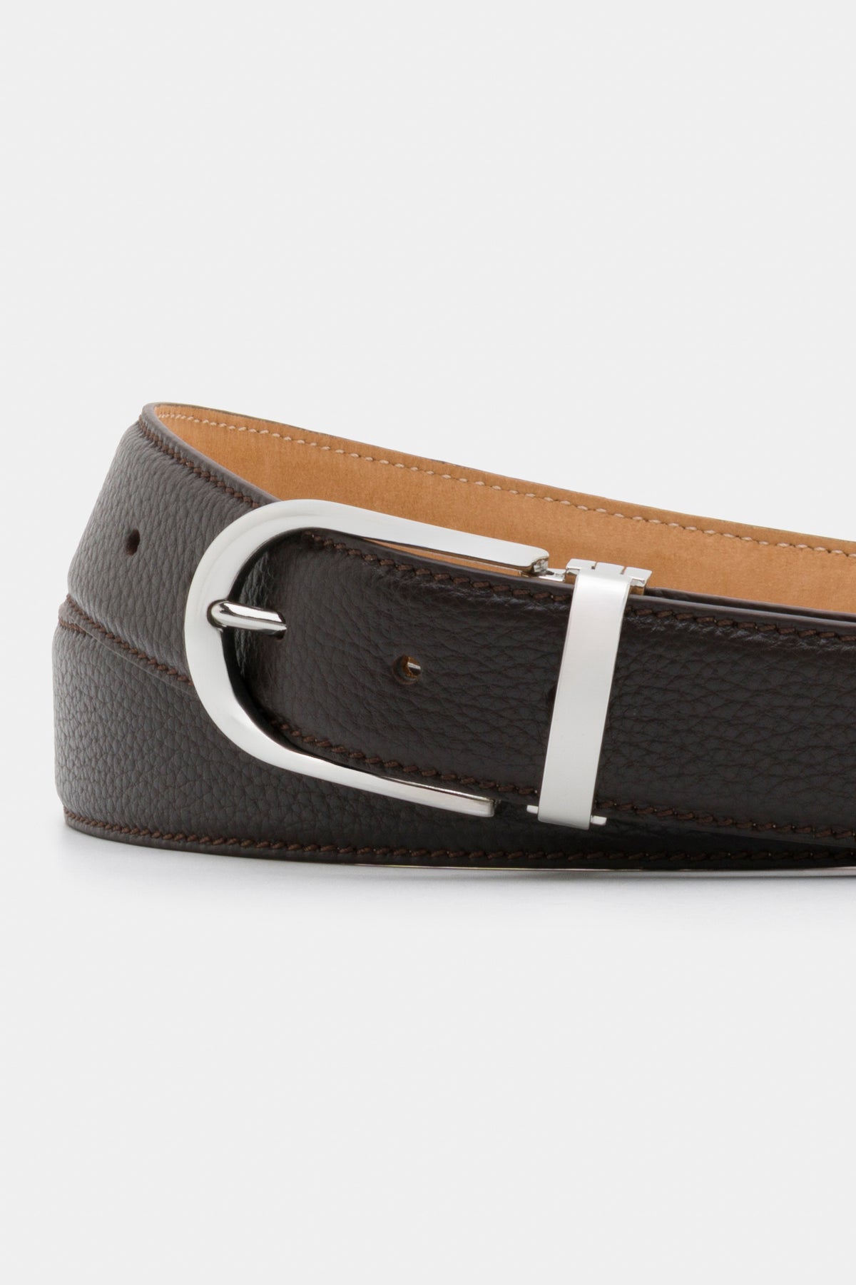 Dark Brown Grained Leather Belt with Silver - Tone Buckle – 3.5 cm
