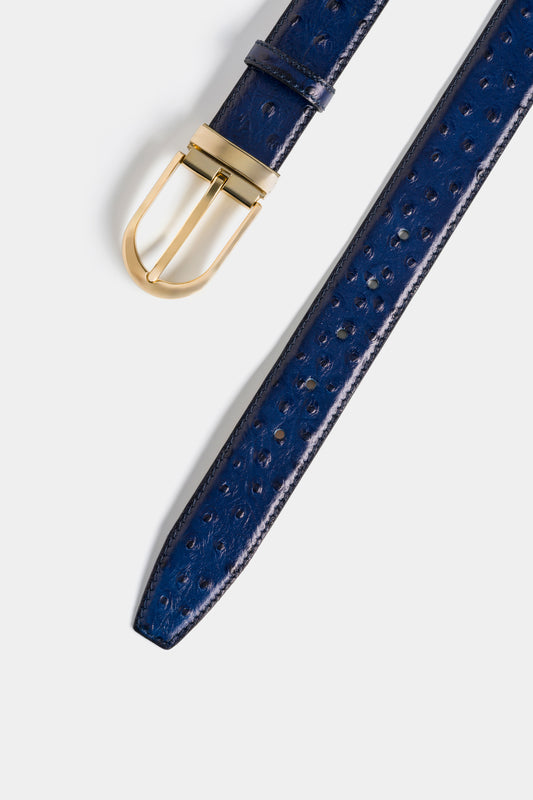 Navy Ostrich-Embossed Leather Belt with Gold-Tone Buckle - 3.5 cm