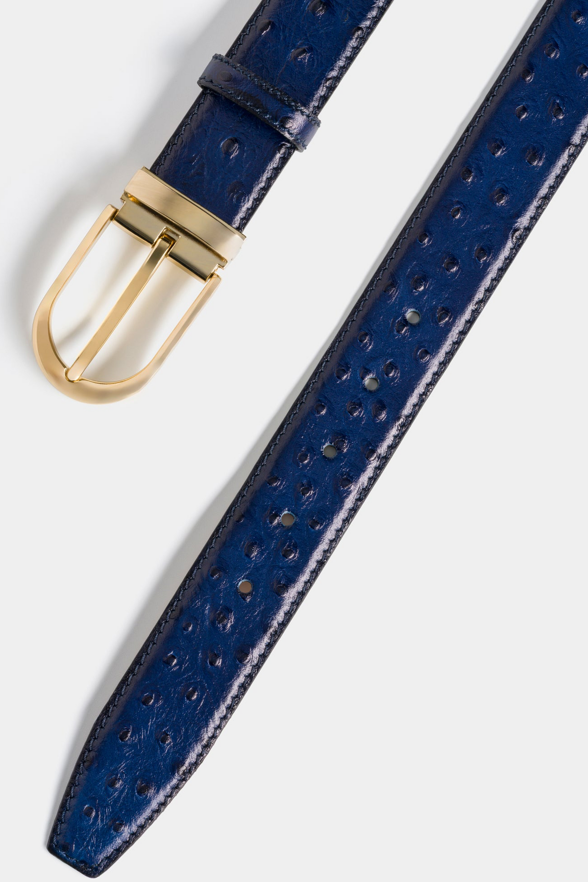 Navy Ostrich-Embossed Leather Belt with Gold-Tone Buckle - 3.5 cm