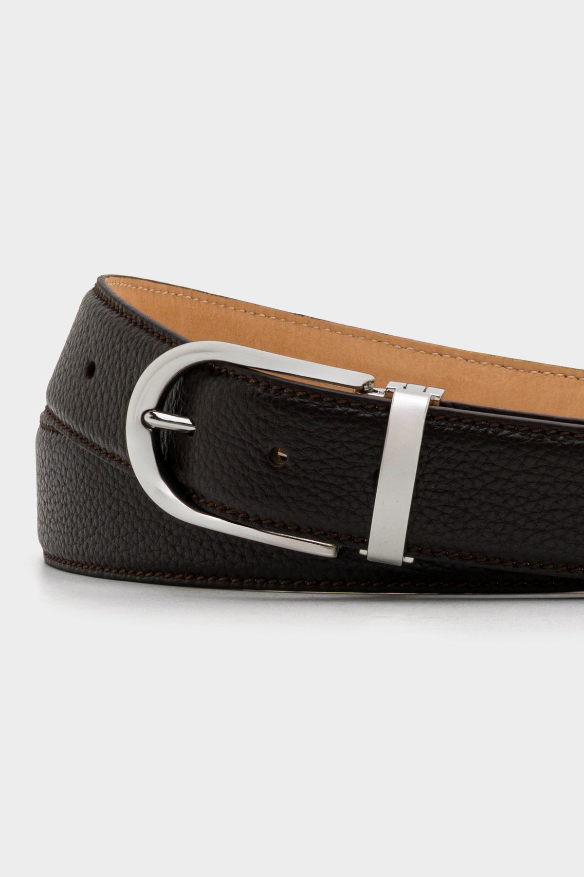 Dark Brown Textured Leather Belt – Silver Tone Buckle, 3.5 cm