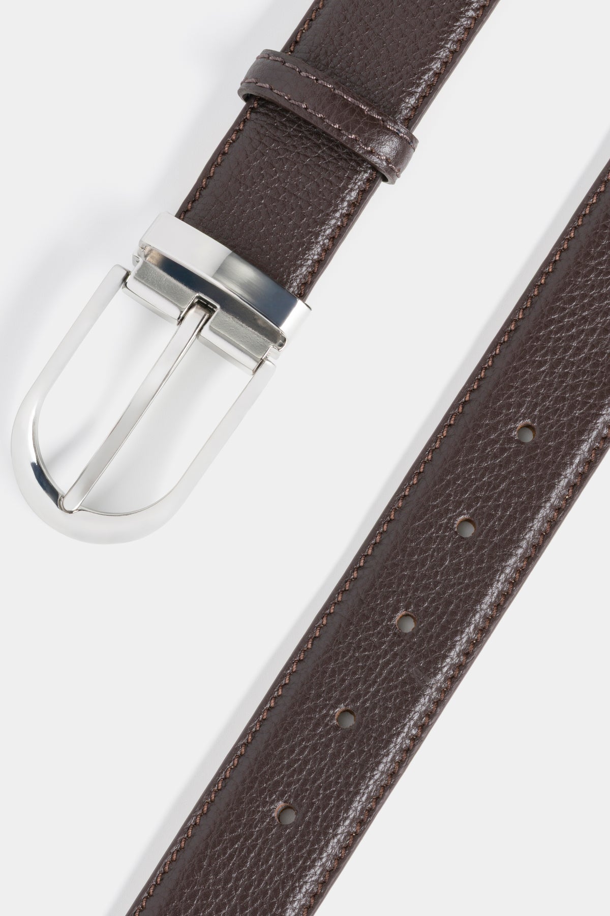 Dark Brown Grained Leather Belt with Silver - Tone Buckle – 3.5 cm