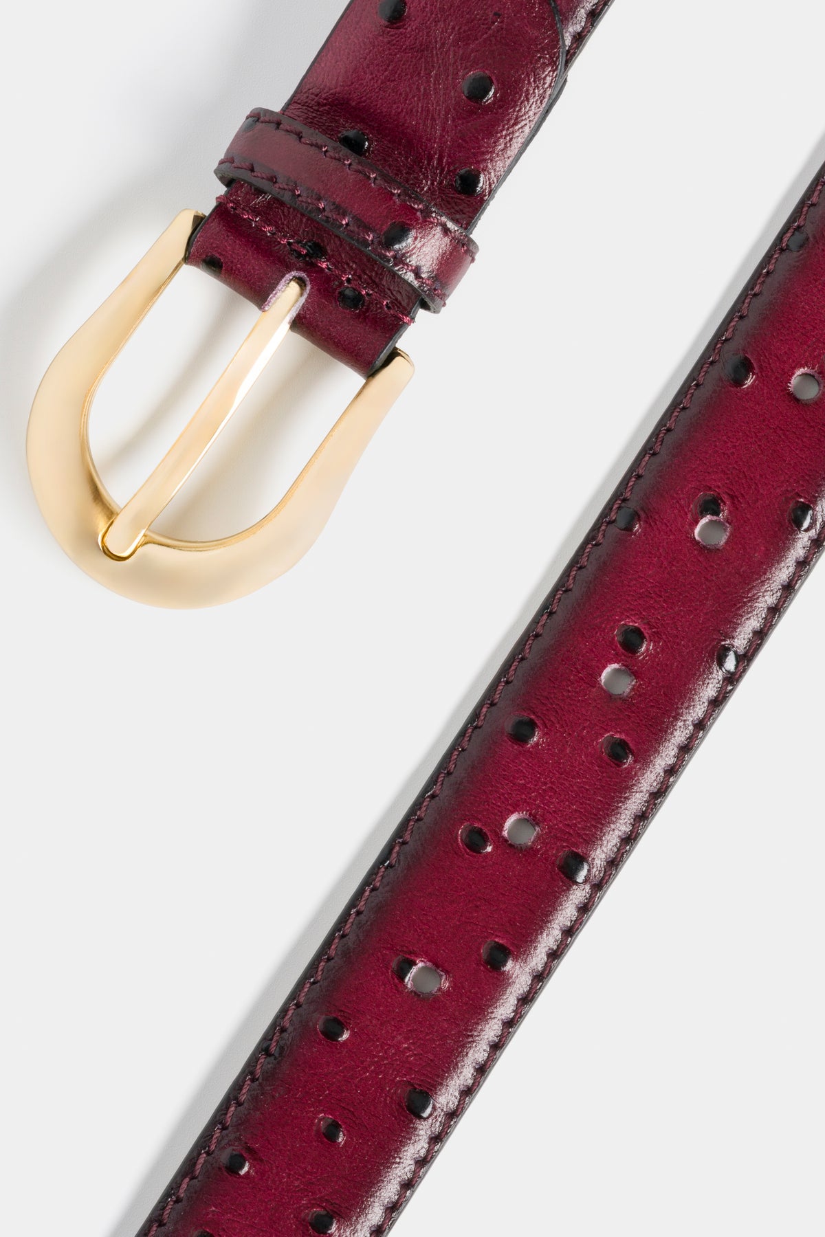 Burgundy Ostrich-Embossed Leather Belt with Gold-Tone Buckle - 3 cm