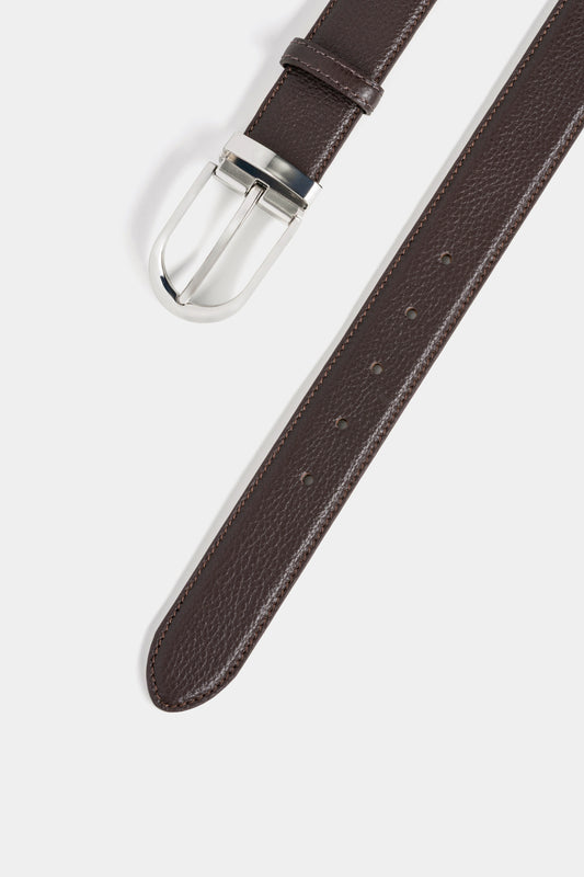 Dark Brown Textured Leather Belt – Silver Tone Buckle, 3.5 cm