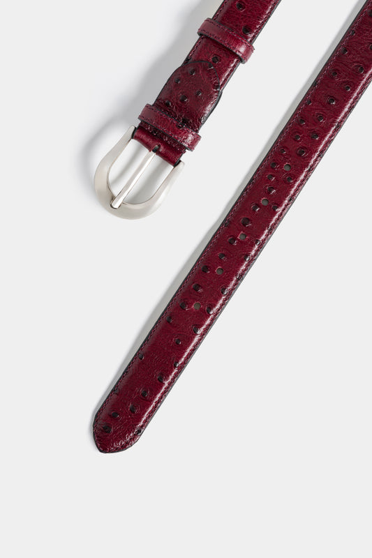 Burgundy Ostrich-Embossed Leather Belt with Silver - Tone Buckle – 3 cm