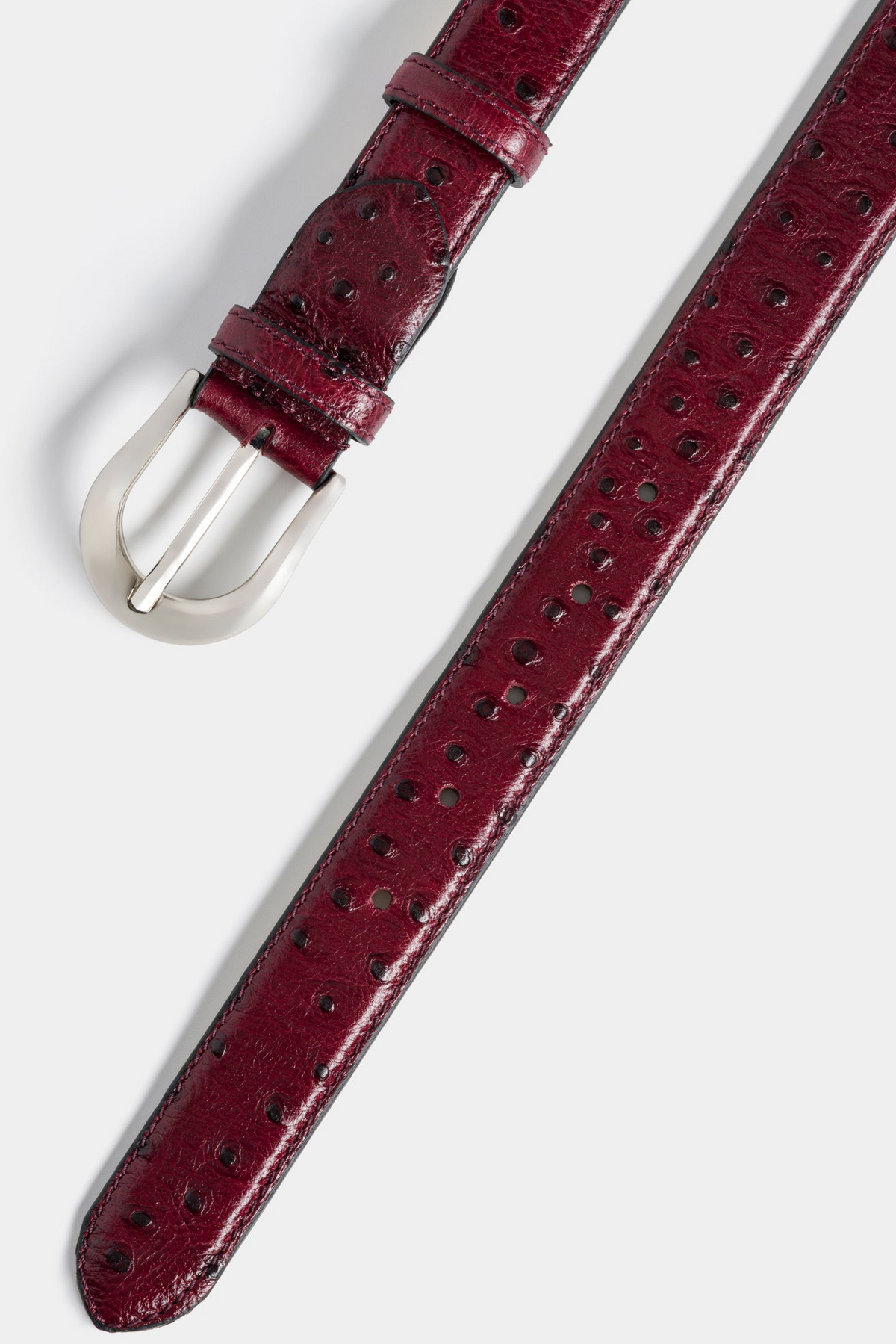 Burgundy Ostrich-Embossed Leather Belt with Silver - Tone Buckle – 3 cm